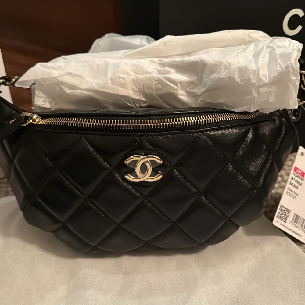 Chanel Black Lambskin Gold Hardware Walking Moon Waist Bag 24C Cruise Fanny Pack